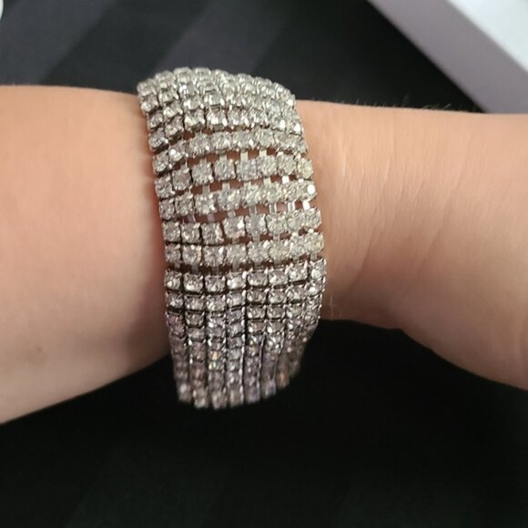 Vintage Rhinestone Kramer of New York Cuff 9 Row Crystal Evening Luxury Bracelet - Picture 10 of 14